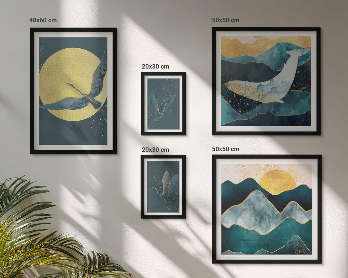 BILDER SET 5er Set - 50x50 cm & 20x30 cm & 40x60 cm Schwarzer Rahmen - Vögel, Kraniche, Mond, Berge - Schwarz, Kunststoff (40/60cm) - TULUP