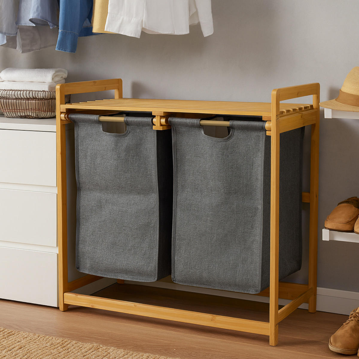 WÄSCHEKORB Bambus Textil Dunkelgrau Naturfarben 2 Kammern 70x35x68 cm - Dunkelgrau/Naturfarben, Holz/Textil (70/68/36.5cm) - Begryf