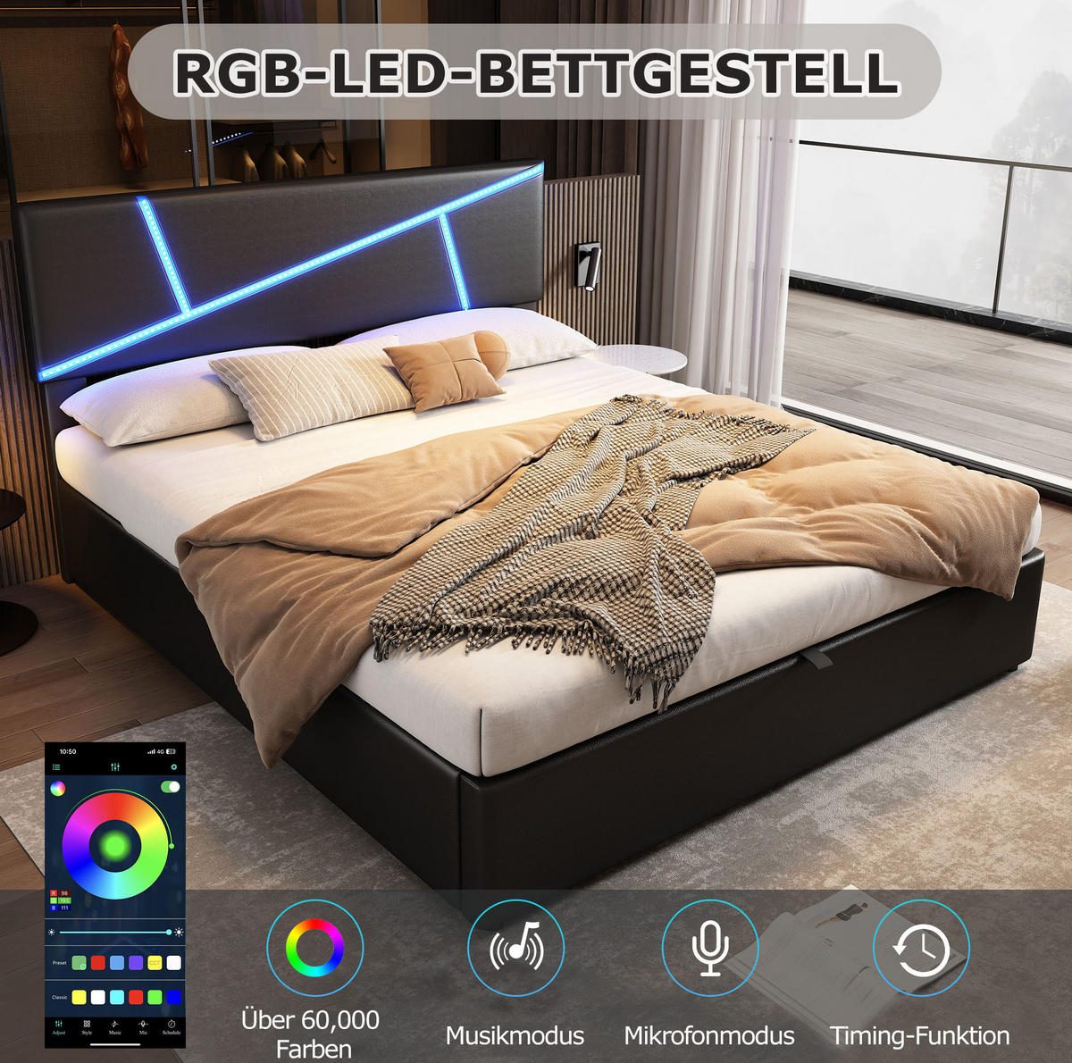 POLSTERBETT 90/200 cm Schwarz aus PU mit LED-Beleuchtung und Bettkasten - Schwarz, Kunststoff (90/200cm) - OKMYHOME