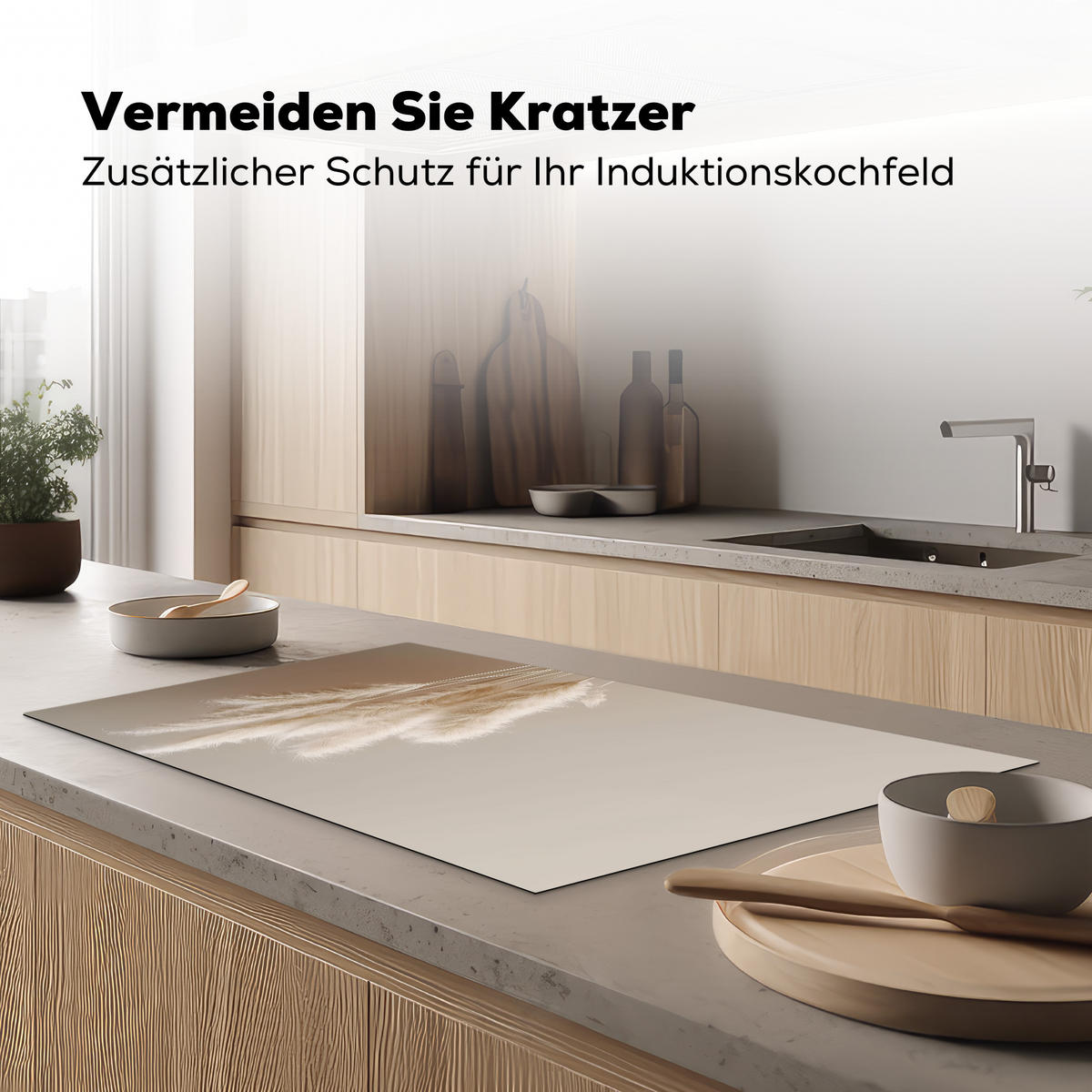 HERDABDECKPLATTE Pampasgras - Federn - Pastell - Weiß 90x52 cm - Creme, Kunststoff (90/0.2/52cm) - MuchoWow