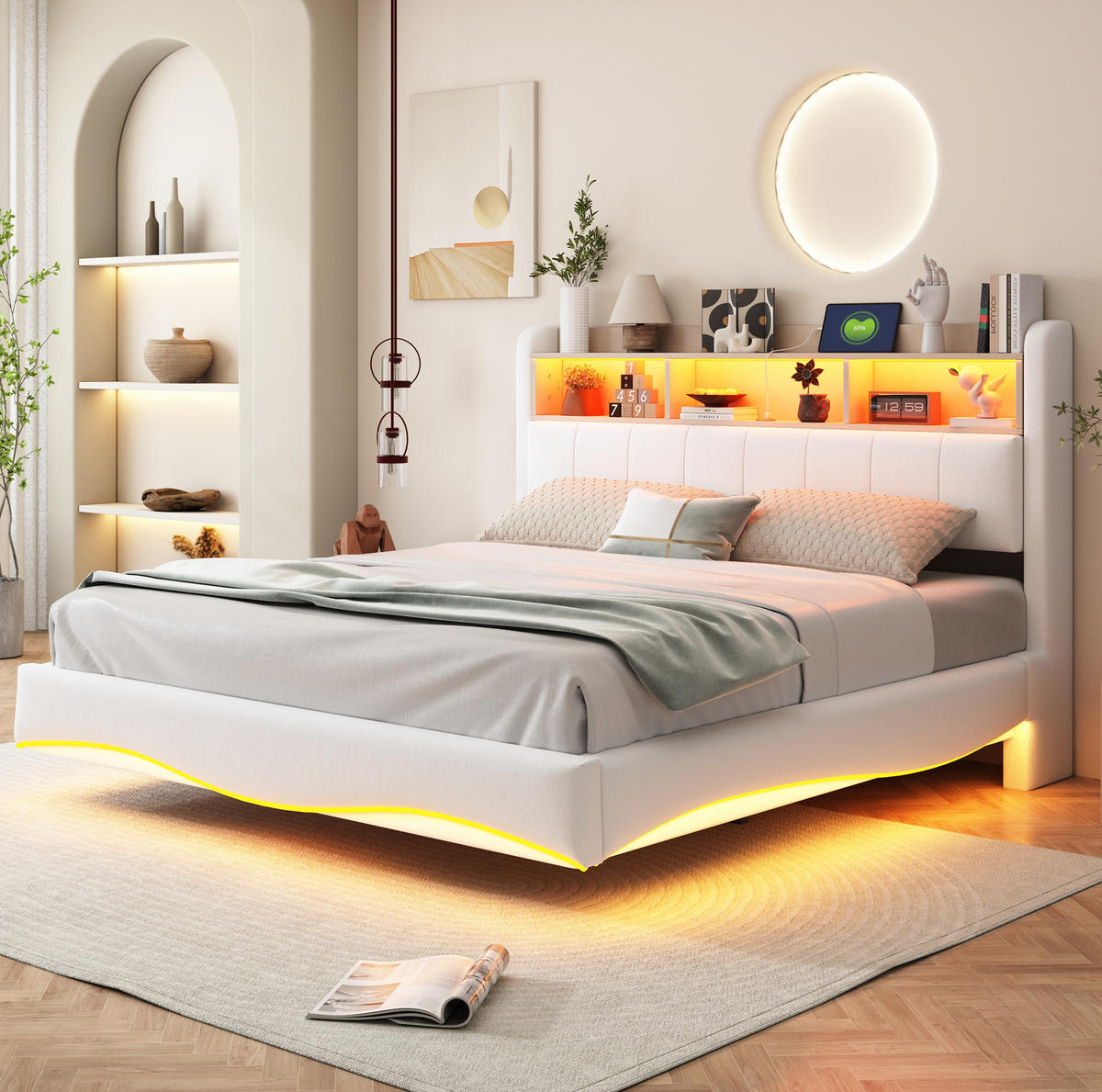 ČALÚNENÁ posteľ z látky 160x200 cm béžová s LED osvetlením, USB a USB-C, odkladacím priestorom - béžová, textil (160/200cm) - Modfu