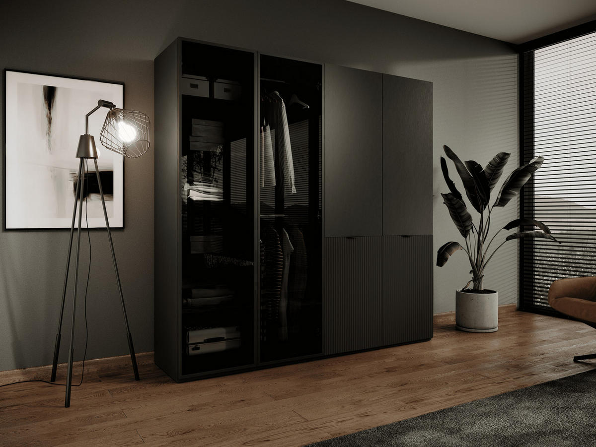 KLEIDERSCHRANK ZEN (Modular, Schwarz Matt, Schwarz & Getöntes Glas Antisol, 4-türig) - Schwarz, Holz/Holzwerkstoff (202/200/51cm) - Ravio