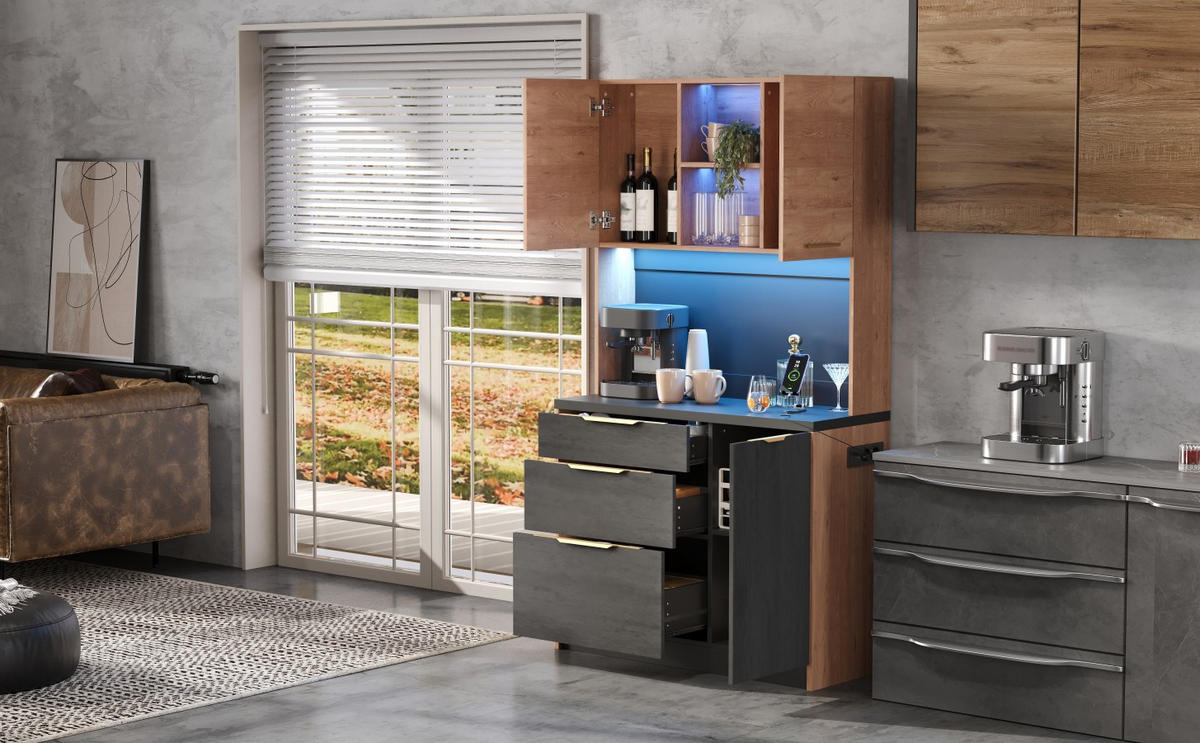 BUFFET Moderner LED Hochschrank mit Arbeitsplatte, USB Steckdose, Stauraum MDF - Schwarz/Naturfarben, Holzwerkstoff (100/180/40cm) - EVRYAE