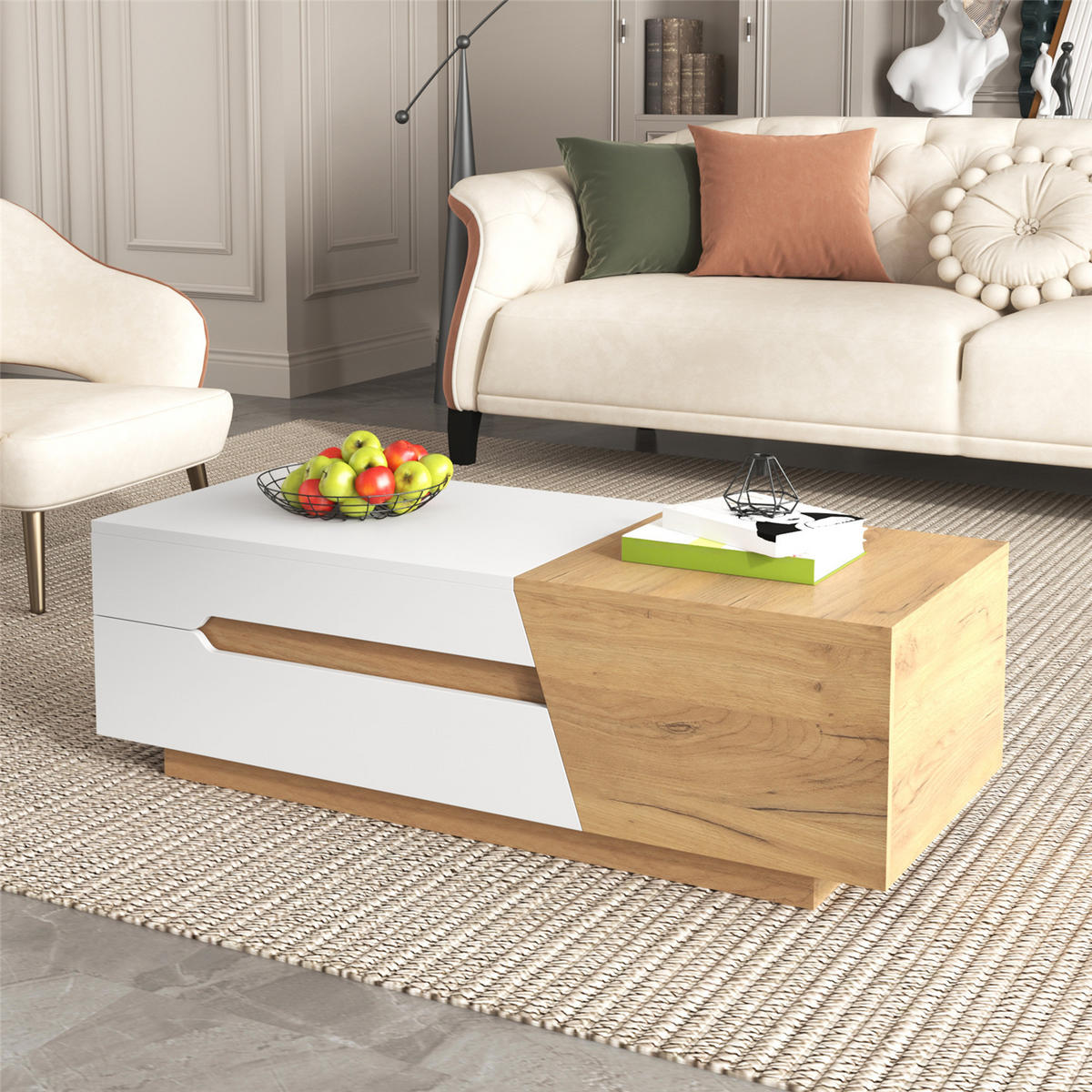 COUCHTISCH 120x50x37,5 Schubladen Farbblock Design - Weiß, Holz (120/50/37.5cm) - Kaket