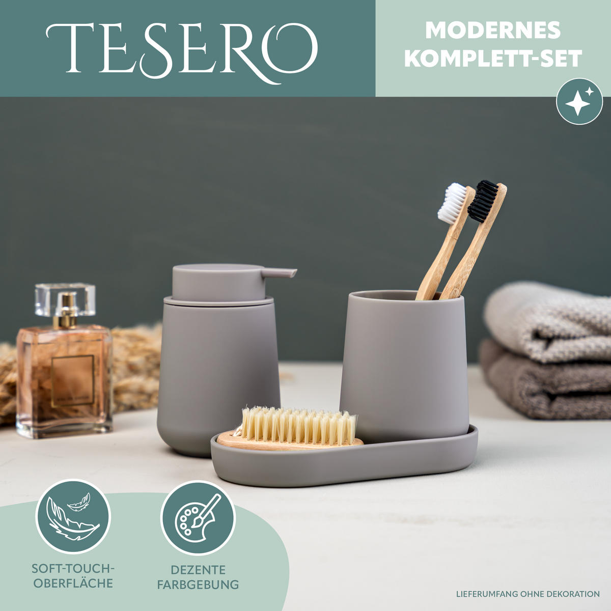 BAD-ACCESSOIRES-SET TESERO, Soft-Touch, taupe - Taupe, Kunststoff (18.5/13.5/10cm) - eluno