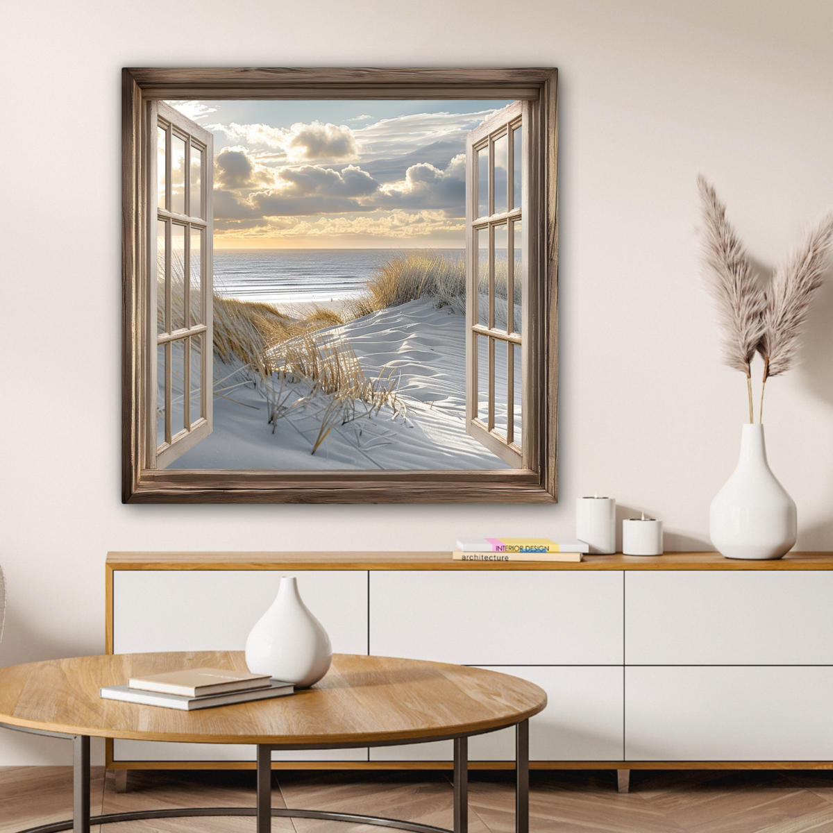 LEINWANDBILD Ausblick - Strand - Dünen - Meer - Natur 90x90 cm - Sandfarben, Textil (90/90cm) - MuchoWow