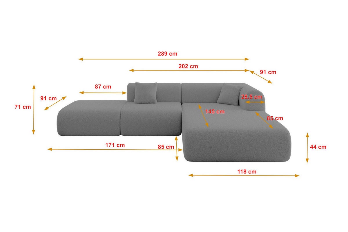 ECKSOFA Ottomane Rechts OVLY-L 289x176x71 Grau Bouclé - Schieferfarben/Schwarz, Holzwerkstoff/Kunststoff (289/176cm) - ALTDECOR