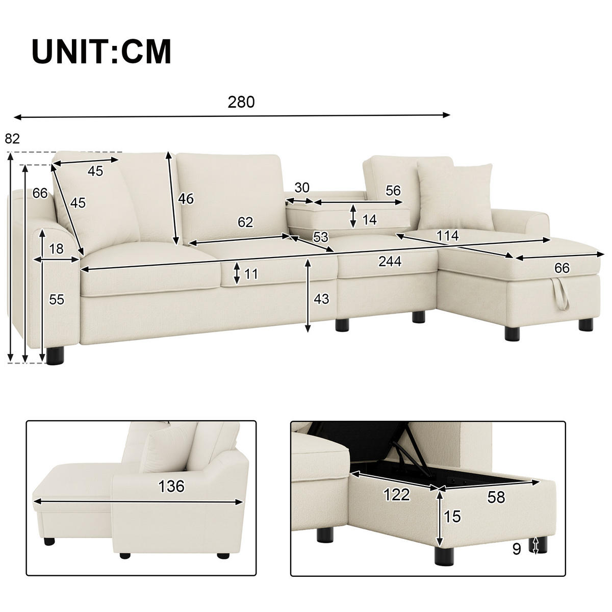 4-SITZER ECKSOFA Chenille Beige mit Stauraum und Getränkehaltern - Beige, Holzwerkstoff/Kunststoff (280/136cm) - WISHDOR
