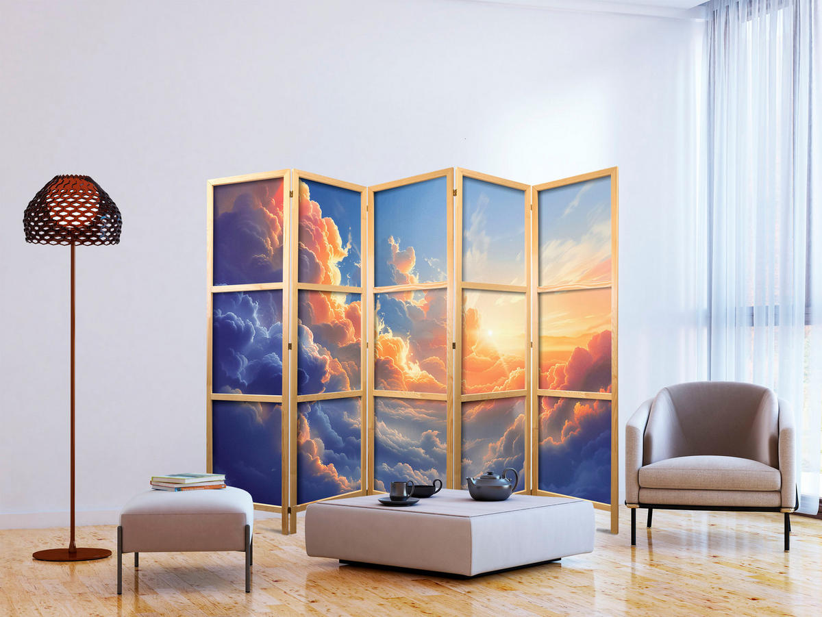 PARAVENT Japanischer 5-tlg 225x172 cm Bunte Wolken - Multicolor, Holz/Textil (225/172/3cm) - Muralo