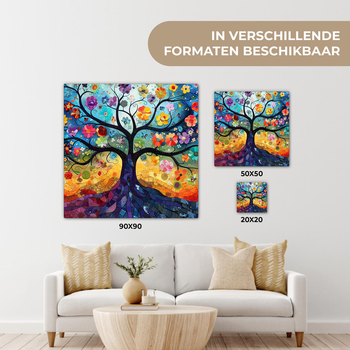 LEINWANDBILD Kunst - Baum des Lebens - Blumen - Hippie Deko Groß 90x90 cm - Dunkelblau, Textil (90/90cm) - MuchoWow