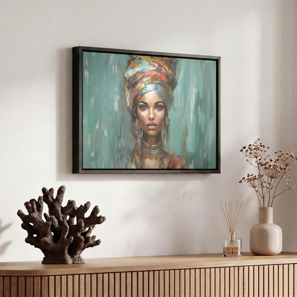 LEINWAND Bilder mit Rahmen - Frau - Kunst - Schmuck - Porträt - 30x20 - Blaugrau, Textil (30/20cm) - MuchoWow