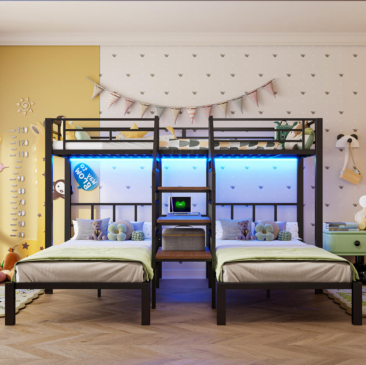ETAGENBETT 90/200 cm mit LED, USB, Steckdose und Schreibtisch ohne Matratze - Schwarz, Metall (90/200cm) - MIVRAY