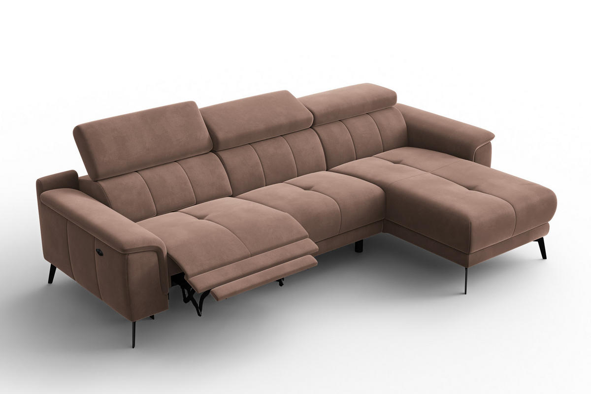 ECKSOFA FIERO 4-Sitzer RECHTS, Brauner Veloursstoff - Schwarz/Braun, Holz/Textil (288/170cm) - Courtois Laville