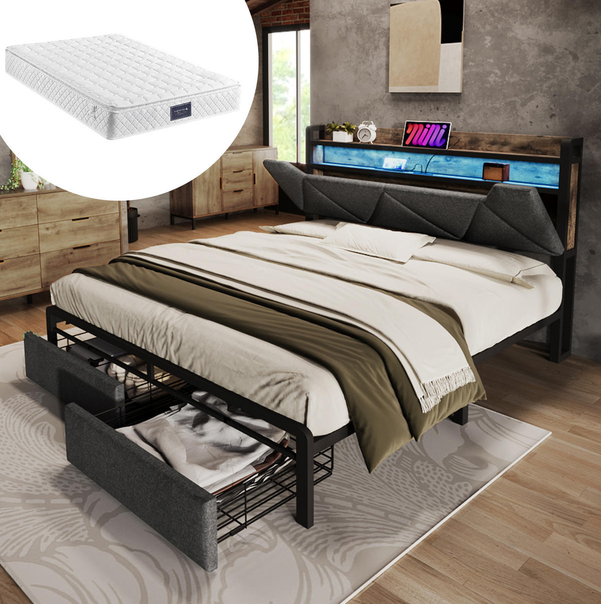 POLSTERBETT mit Stauraum, LED und USB 140x200 cm Leinen Grau mit Matratze - Grau, Metall (140/200cm) - Meubliv