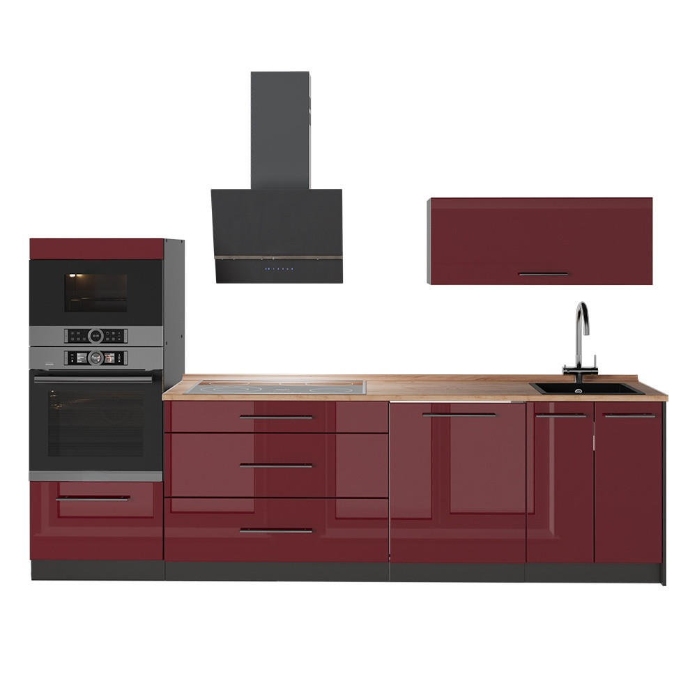 KÜCHENZEILE Fame-Line, Bordeaux Hochglanz/Anthrazit, 280 cm, AP Eiche - Bordeaux/Anthrazit, Holzwerkstoff (280/153.6/60cm) - Vicco