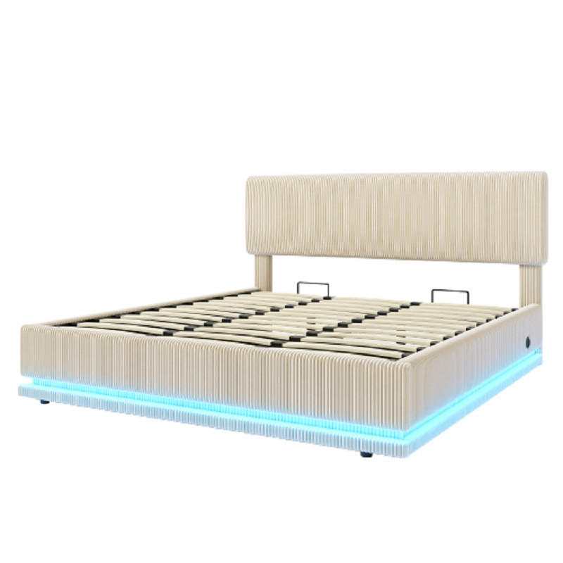 POLSTERBETT 180/200 cm in Beige Cord mit Stauraum, LED und USB-C - Beige, Holzwerkstoff/Textil (180/200cm) - WISHDOR