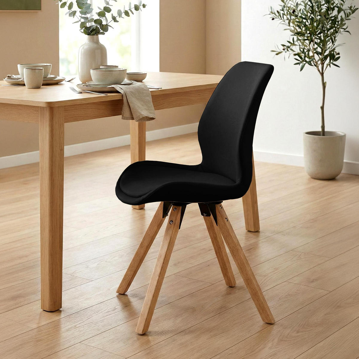 STUHL 4er Set Lederlook Schwarz - Eukalyptusholzfarben/Schwarz, Holz/Textil (49/87/58cm) - CLP