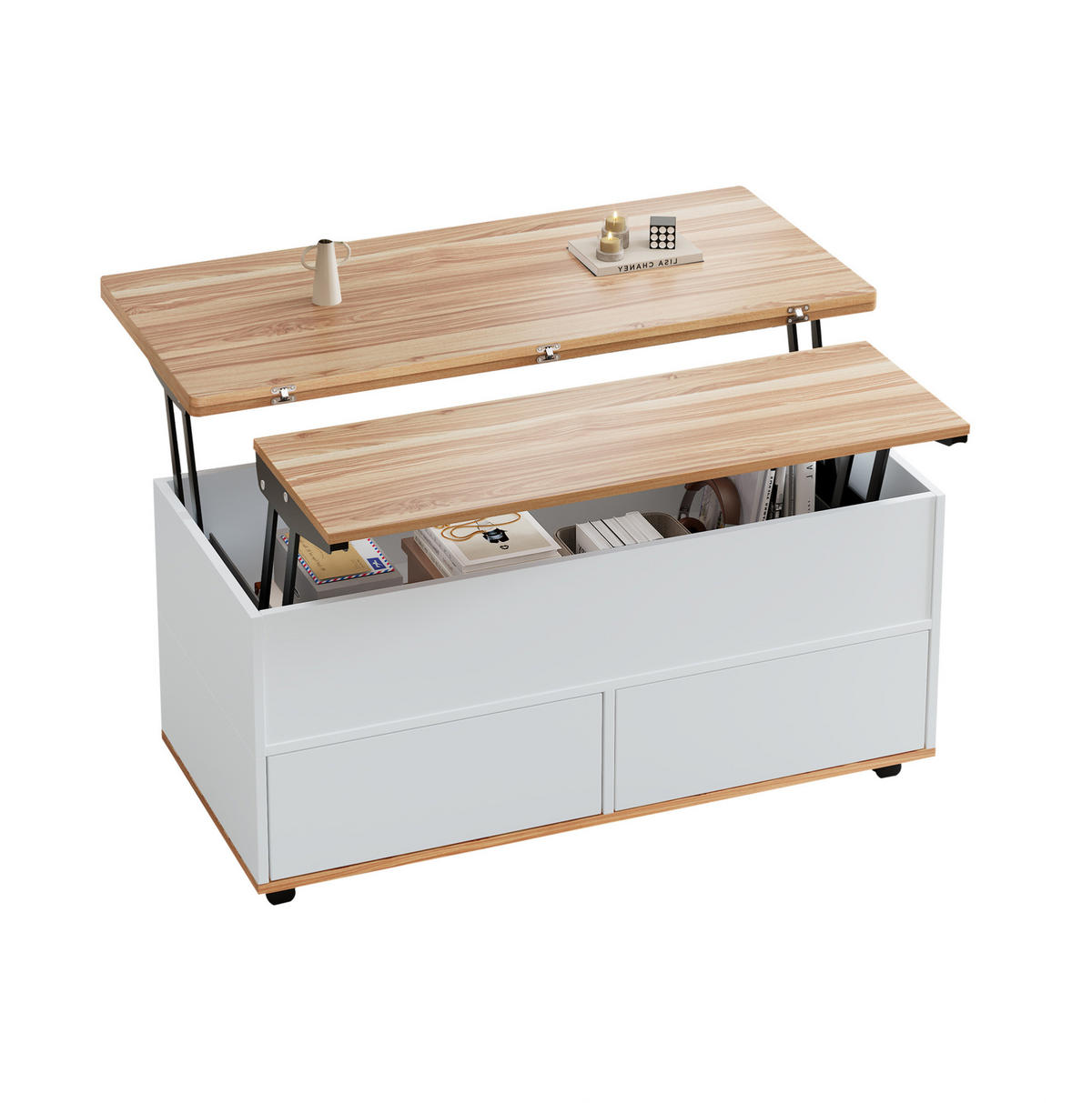 COUCHTISCH 100/98/65 cm höhenverstellbar mit hydraulischer Hubplatte, Stauraum und Rollen aus Spanplatte, Weiß/Naturholzfarbe - Weiß, Holzwerkstoff (100/98/65cm) - Modfu