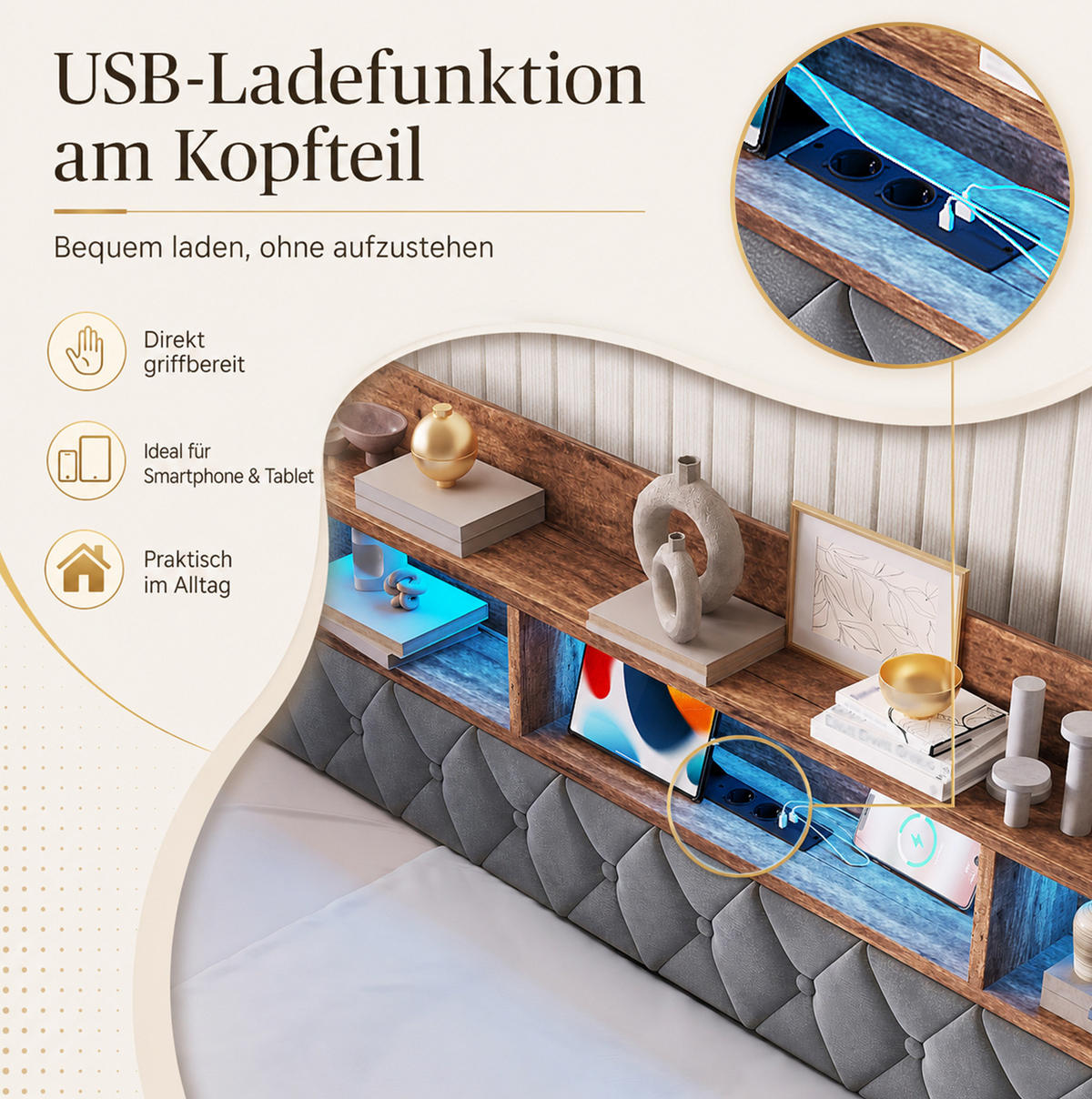POLSTERBETT aus Velvet 90x190 cm Dunkelgrau mit LED-Beleuchtung, Ladeanschlüssen und 2 Schubladen - Dunkelgrau, Textil (90/190cm) - Modfu