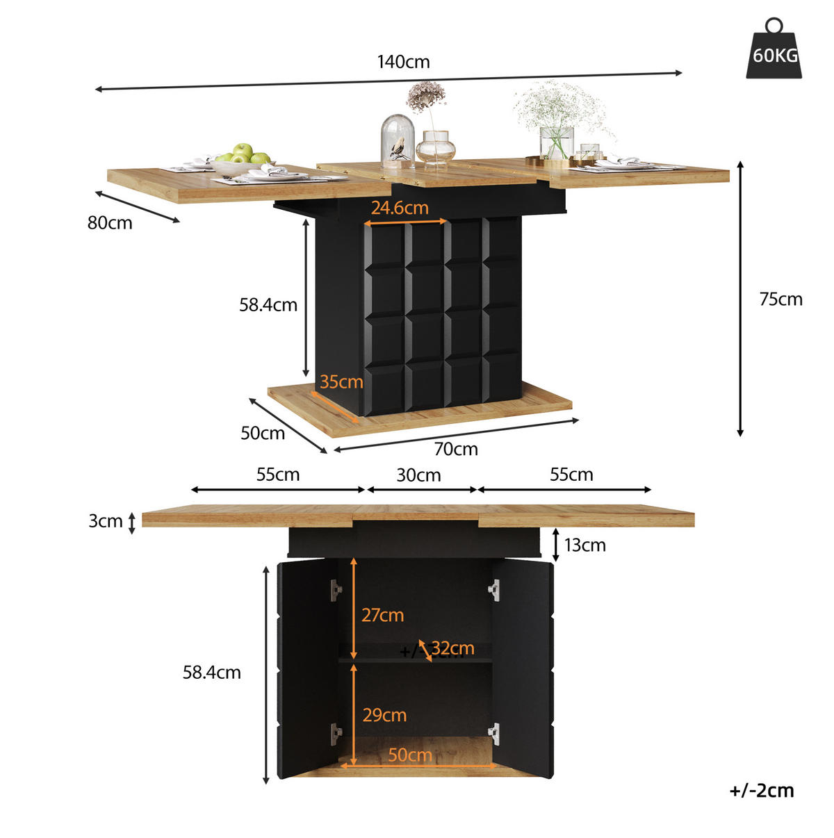 ESSTISCH ausziehbar 110-140 x 80 cm MDF Metall Black/Natural - Schwarz, Holzwerkstoff (140/80/75cm) - Meubliv