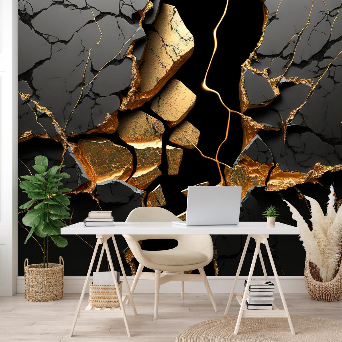 FOTOTAPETE für Wohnzimmer Schwarzer Abstrakter Marmor Gold Risse Wand 200x140 - Schwarz, Papier (200/140cm) - Muralo