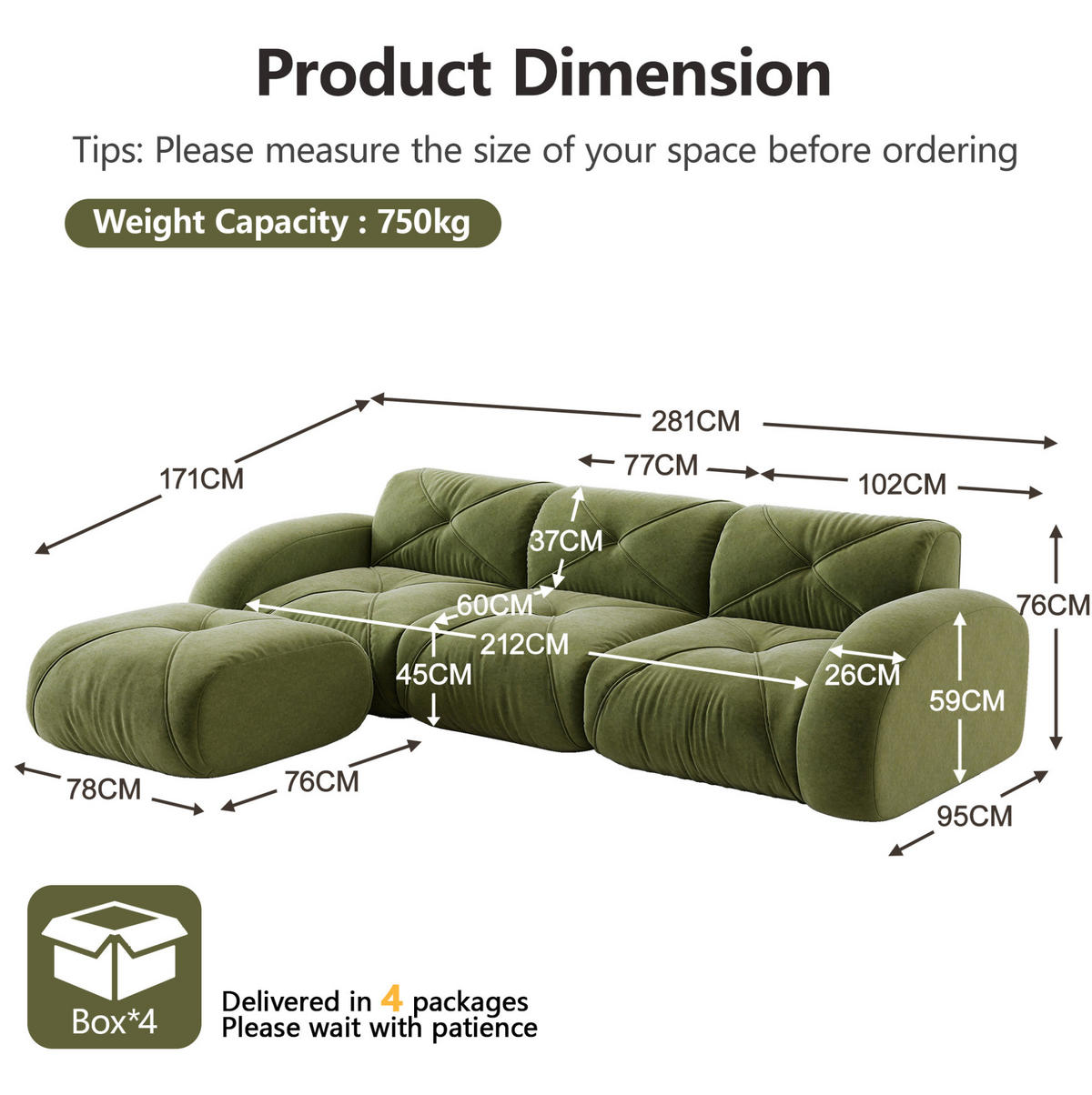 MODULSOFA rahmenlos Chenille Green - Grün, Kunststoff (171/281cm) - Meubliv