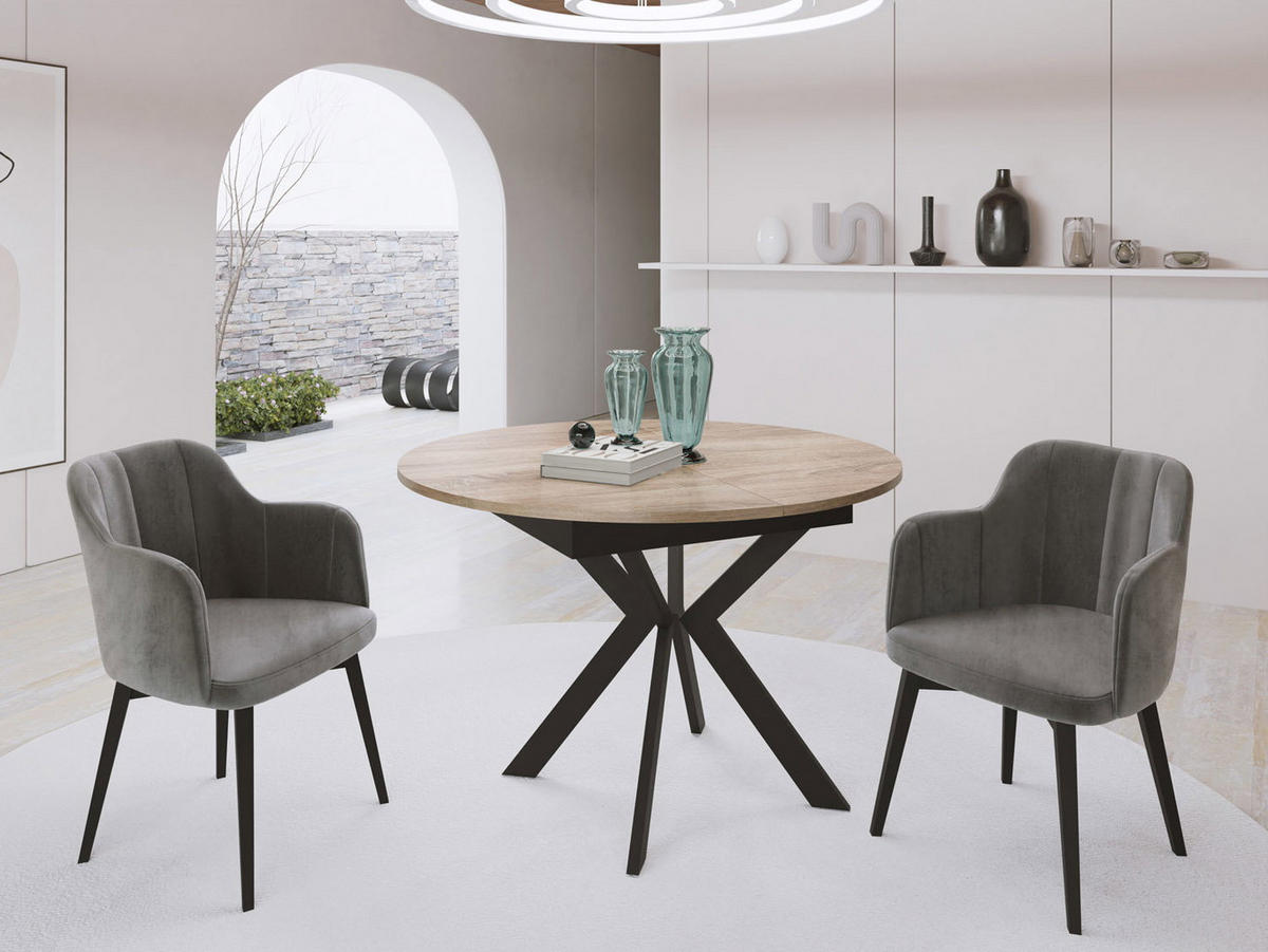 ESSTISCH Lily runder ausziehbarer, Sonoma Eiche 100-140/100/76 cm - Schwarz/Braun, Holzwerkstoff/Metall (100/140/76cm) - WFL GROUP