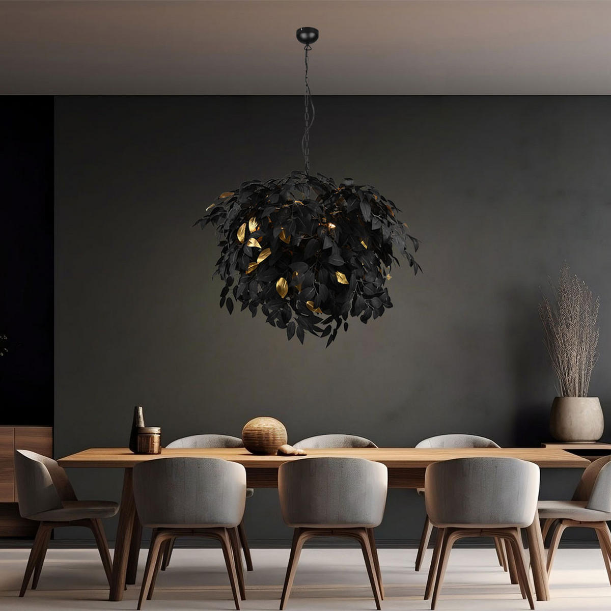 HÄNGELEUCHTE Blätter Schwarz Gold - Schwarz, Metall (70/70/150cm)