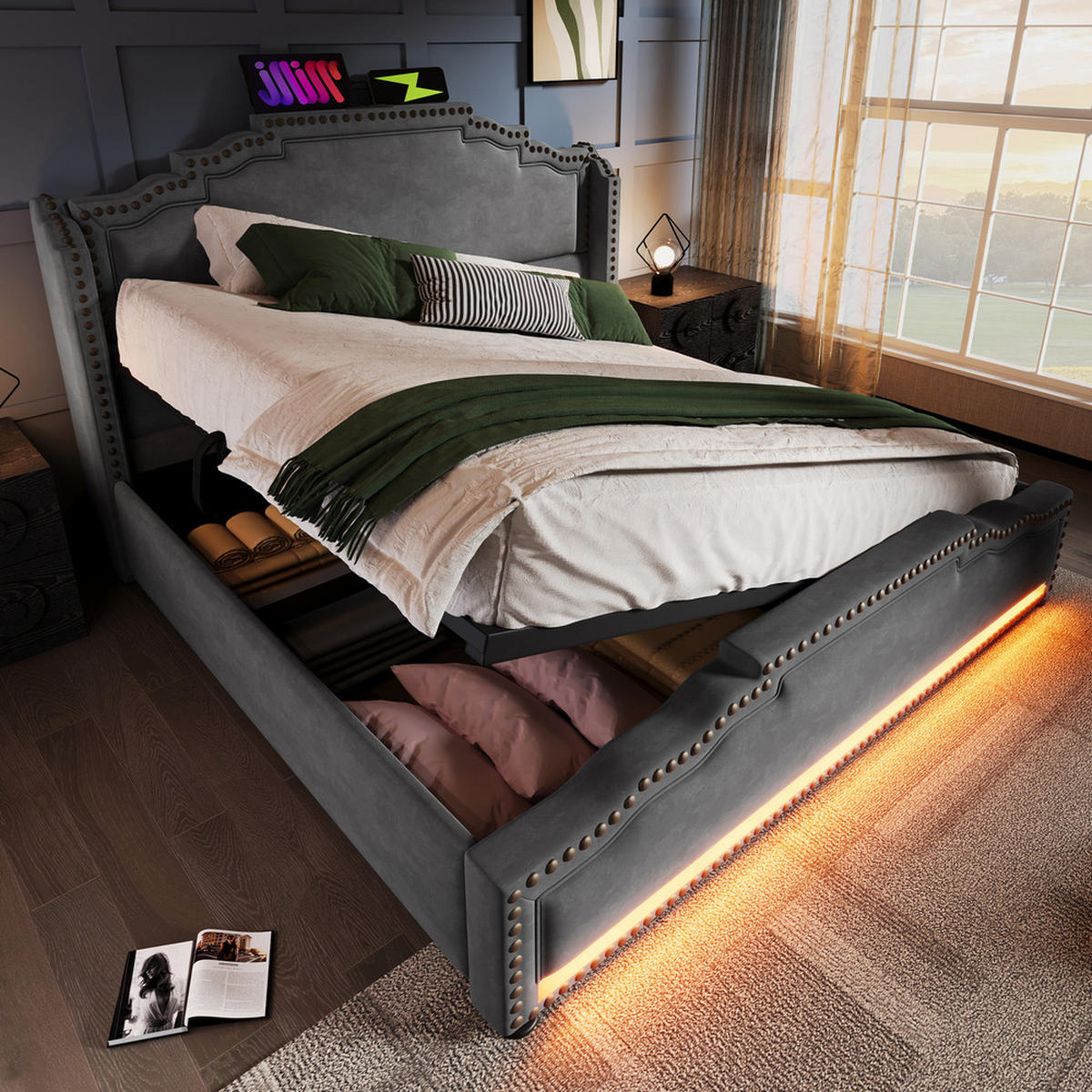 POLSTERBETT 140X200 mit LED USB C Lattenrost und hydraulischem Stauraum - Grau, Holz (140/200cm) - FLIEKS