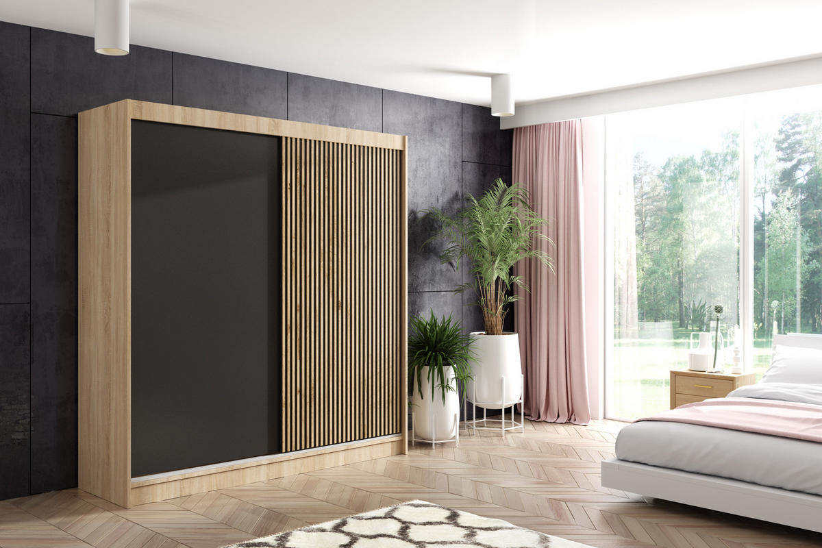 KLEIDERSCHRANK VILAN mit Lamel/LED - 200 cm - Sonoma Eiche|Eiche Wotan - Eiche Wotan/Sonoma Eiche, Holzwerkstoff (200/215/61cm) - ALTDECOR