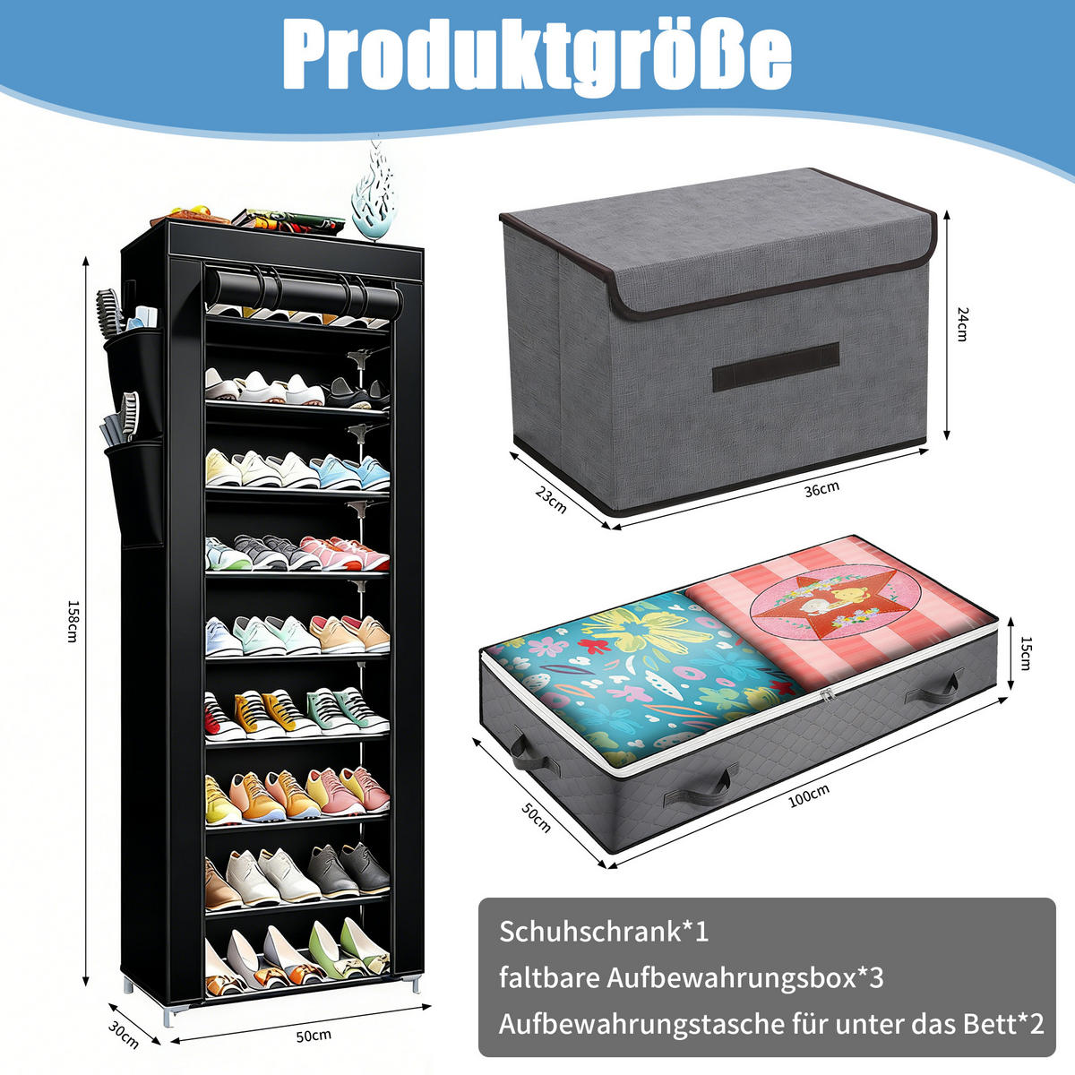 SCHUHSCHRANK faltbar, 10 Ebenen, 3 Boxen, 2 Schubladen, ideal für kleine Räume - Schwarz, Textil (50/158/30cm) - EuroLiving