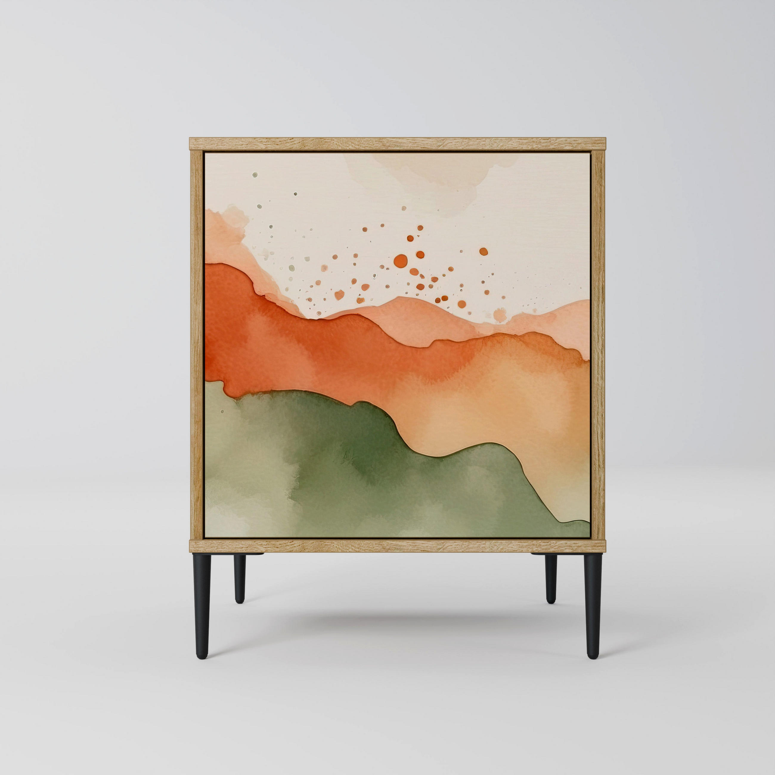 SIDEBOARD WATERCOLOUR PEAKS, Eichefarben, 57,5x42x72,5 cm, Schwarze Metallfüße - Eichefarben/Multicolor, Holzwerkstoff/Metall (57.5/72.5/42cm) - SpaceRebels