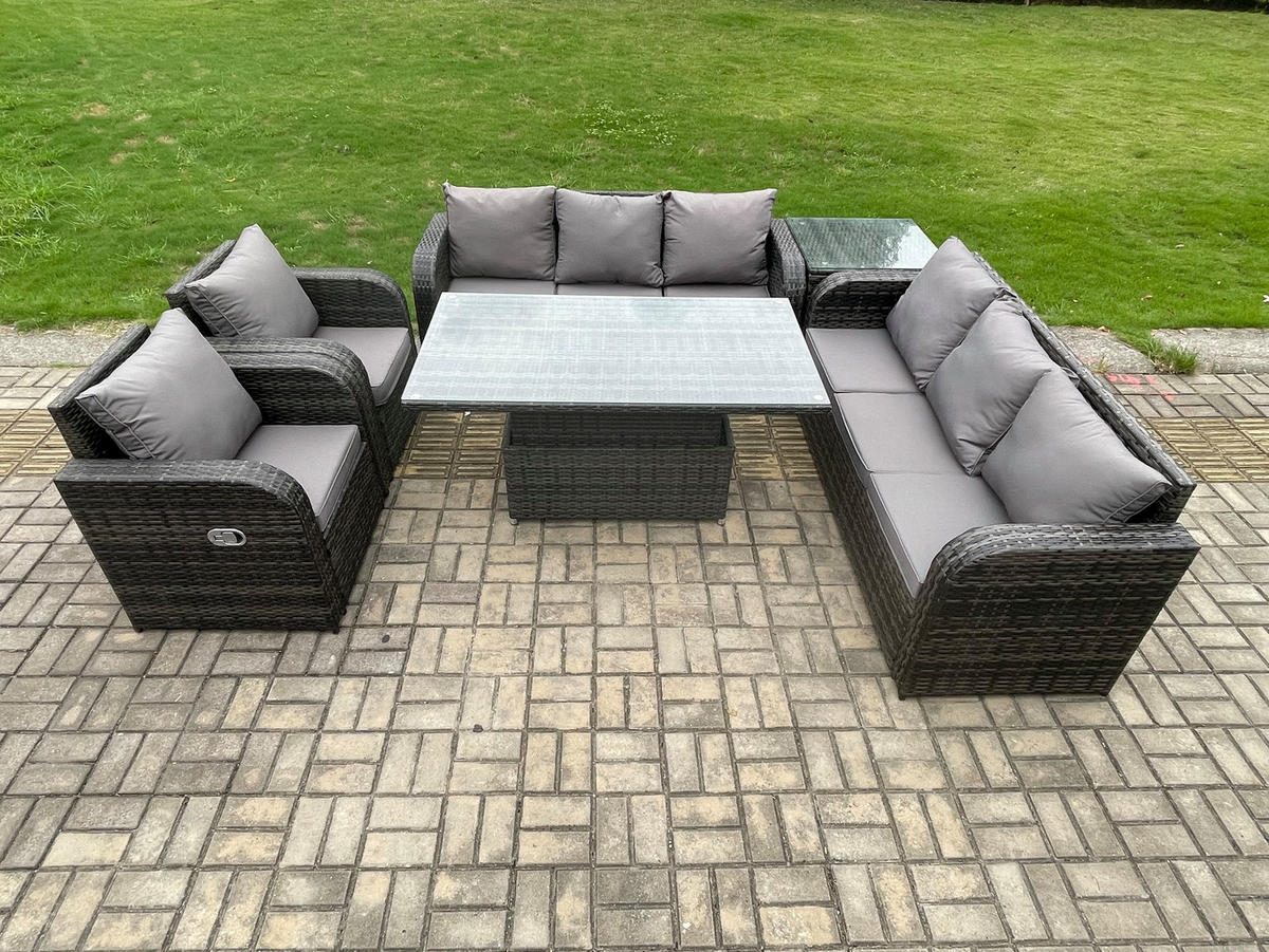 GARTENSET Polyrattan 8-Sitzer - Dunkelgrau/Grau, Glas/Kunststoff - Fimous