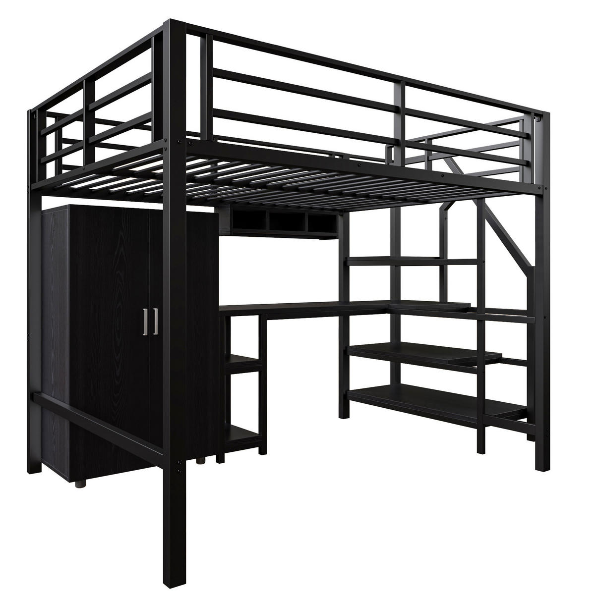 HOCHBETT 140/200 cm mit Kleiderschrank und Schreibtisch, Schwarz - Schwarz, Metall (140/200cm) - Flora Grace