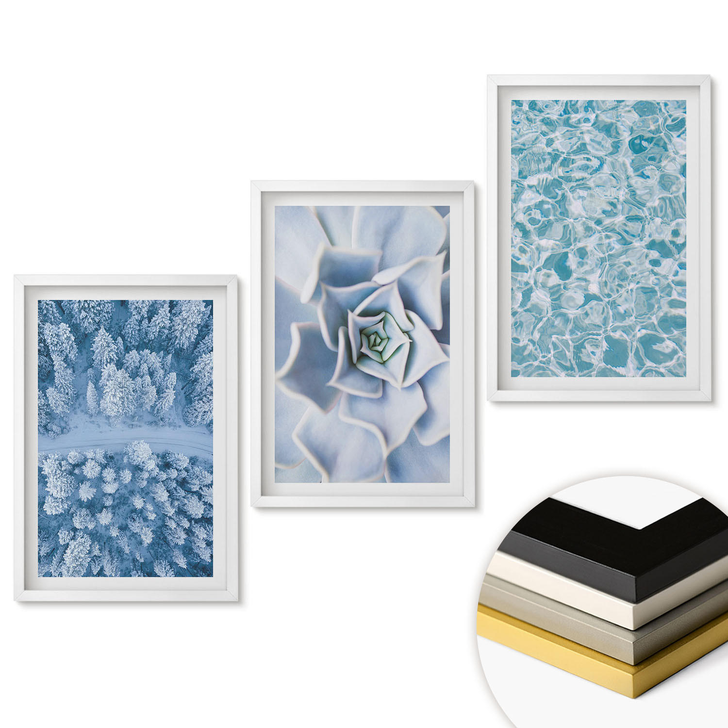 WANDBILDER 3er-Set - 40x60 cm Weißer Rahmen - Winterwald blaue Blume Wasser - Weiß, Kunststoff (40/60cm) - ArtPrintCave