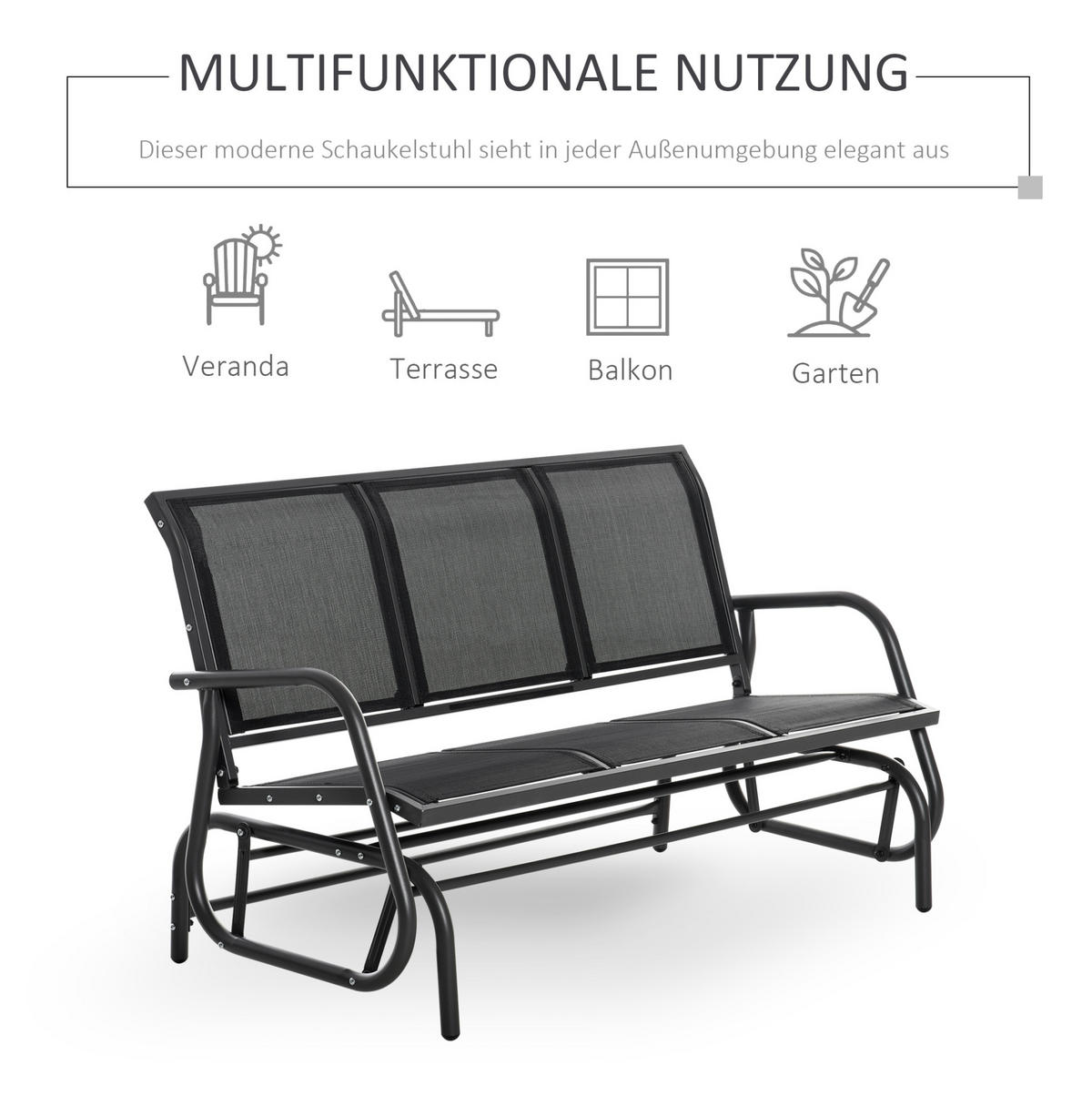 GARTENSCHAUKELBANK aus Metall 147x75x85 cm Schwarz mit Schaukelfunktion und atmungsaktivem Netzbezug - Schwarz, Metall (75/85/147cm) - Modfu