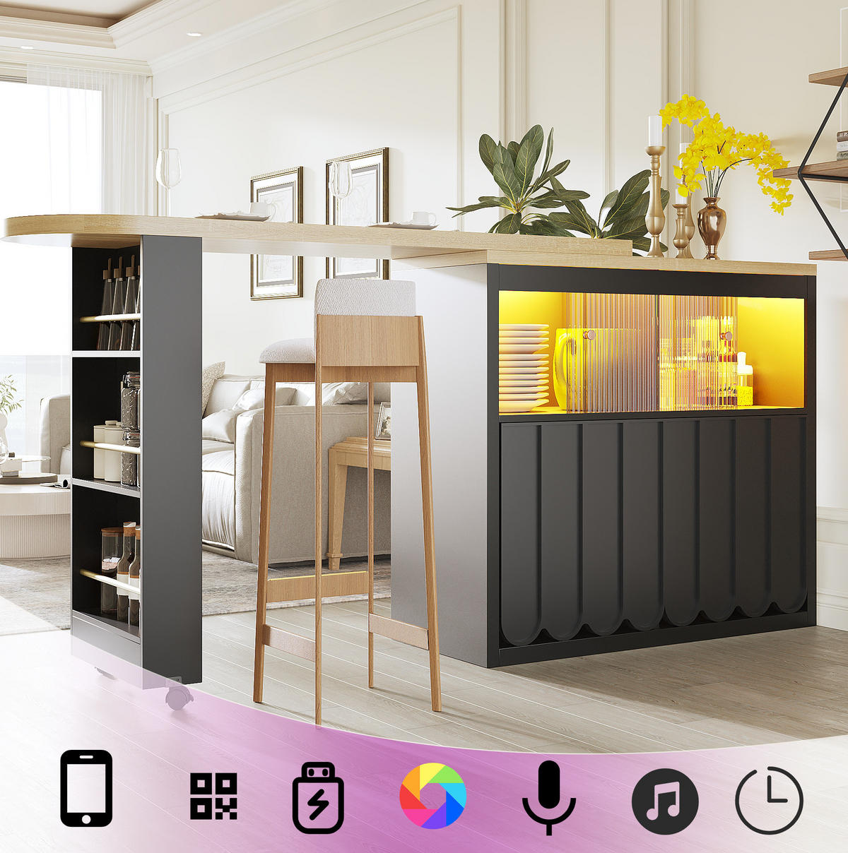 AUSZIEHBARER Bartisch mit LED & Stauraum, 135-205/39/100 cm, Schwarz, mit USB-Anschluss - Schwarz, Holzwerkstoff (39/100/135cm) - Redom