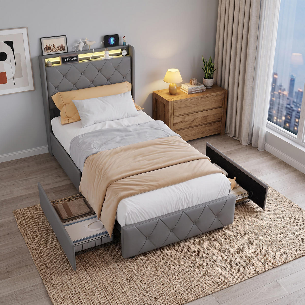 POLSTERBETT, LED-Beleuchtung Einzelbett 90x200cm mit Ladefunktion und 2 Schubladen, Samt, grau - Grau, Holz/Holzwerkstoff (90/200cm) - GENKI LIVING