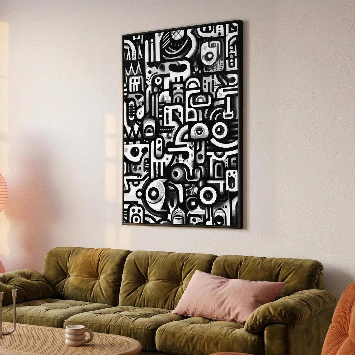 LEINWAND Bilder mit Rahmen - Symbole - Abstrakt - Grafik - Schwarz - 90x140 - Schwarz, Textil (90/140cm) - MuchoWow
