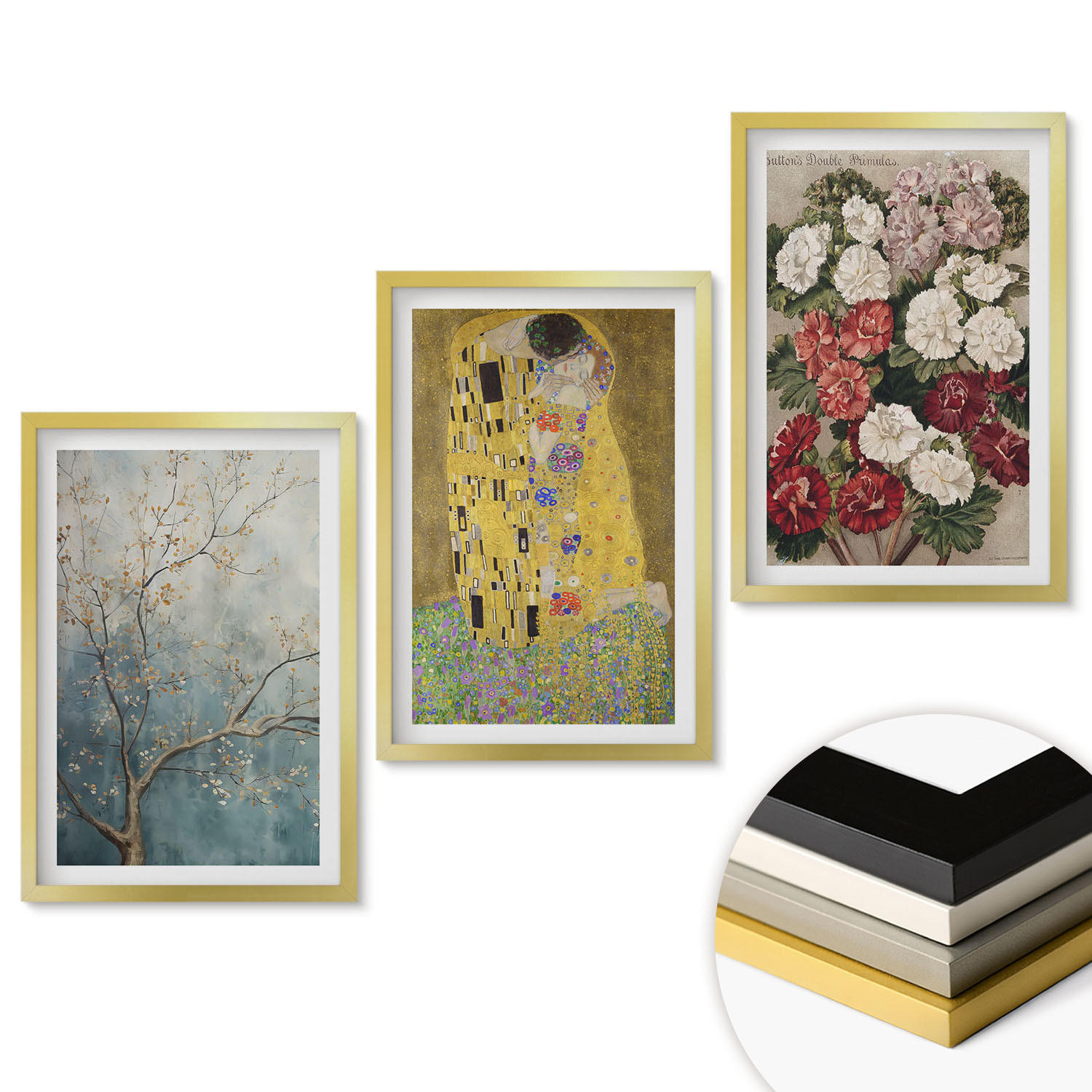 WANDBILDER 3er Set - 40x60 cm Goldrahmen - Blumen des Baumes (Gemälde von Klimt) - Goldfarben, Kunststoff (40/60cm) - ArtPrintCave