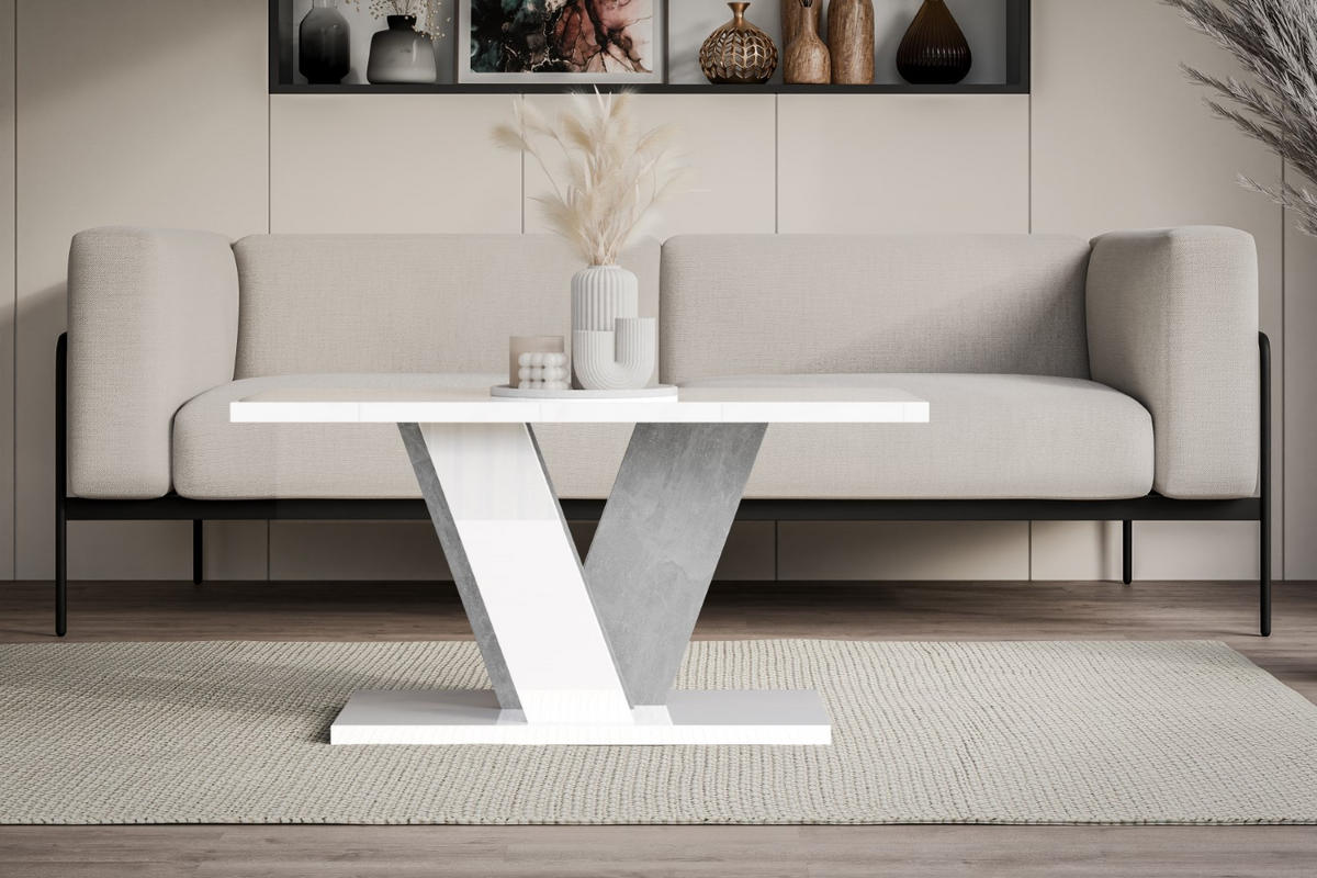 KAFFEETISCH 110x70x60 cm - Hochglanz Weiß / Betonoptik - INEY - Weiß Hochglanz, Holzwerkstoff (110/70/60cm) - ALTDECOR