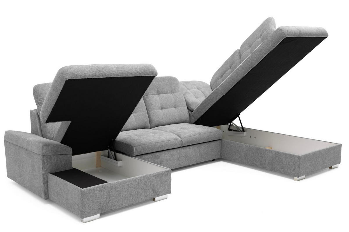 ECKSOFA U-Form OLIVIA U Rechts mit Schlaffunktion 124x257 Velours Hellgrau - Silberfarben/Hellgrau, Holz/Kunststoff (202/103/320cm) - Muffo