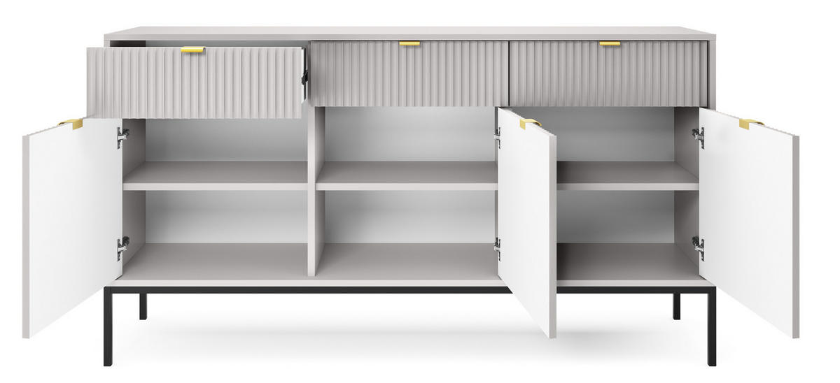 SIDEBOARD Eternas 3T 3S Grau 154/83/39 cm – schwarze Füße, mit geriffelten Fronten - Schwarz/Grau, Holzwerkstoff (154/83/39cm) - AX Living
