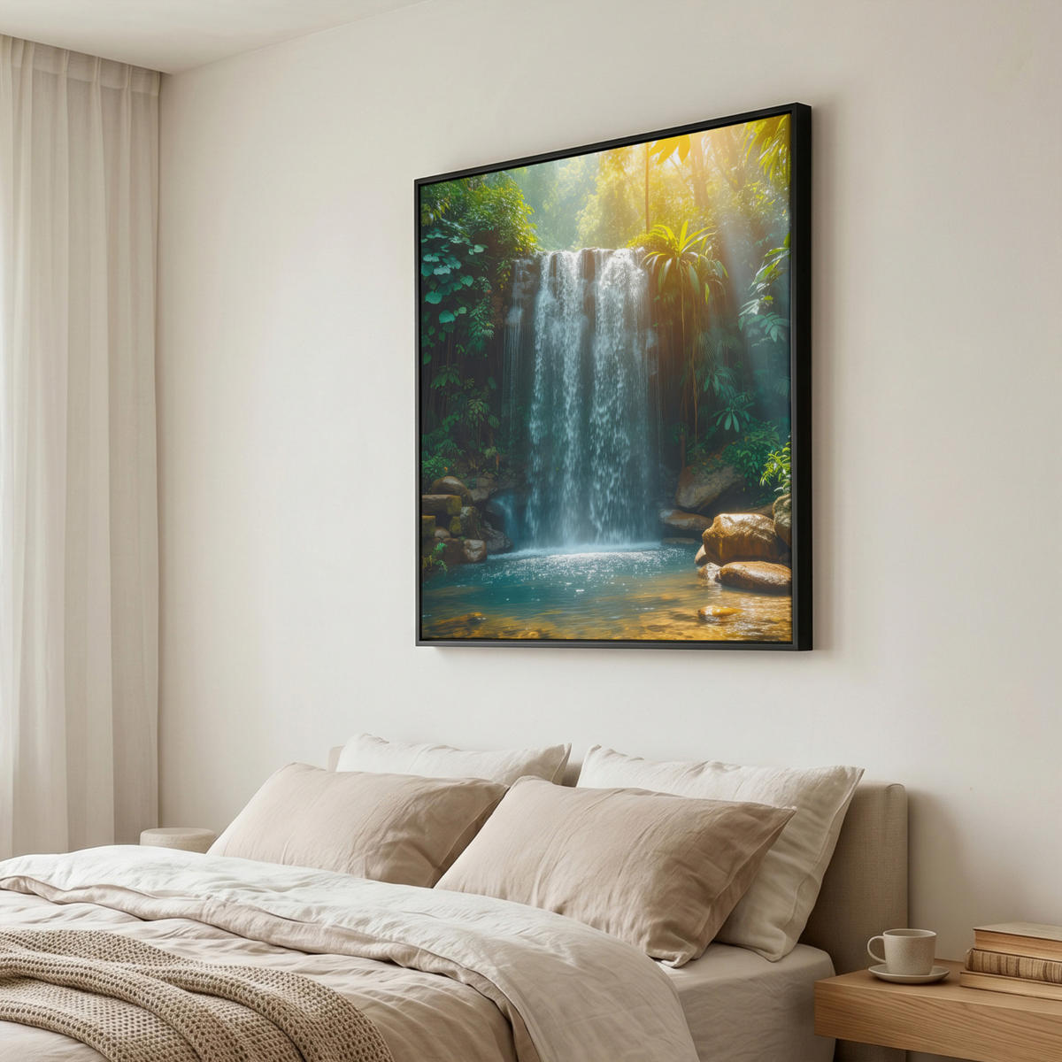 LEINWAND Bilder mit Rahmen - Wasserfall - Dschungel - Sonne - Grün - Natur - 90x90 - Grün, Textil (90/90cm) - MuchoWow