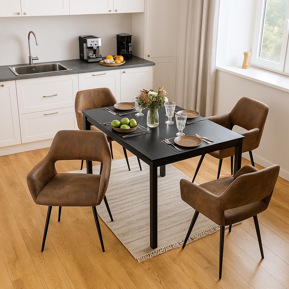 ESSGRUPPE mit Tisch und 4 Armlehnstühlen in Wildlederoptik, Braun - Multicolor, Textil (47/81/45.5cm) - Meubles Cosy