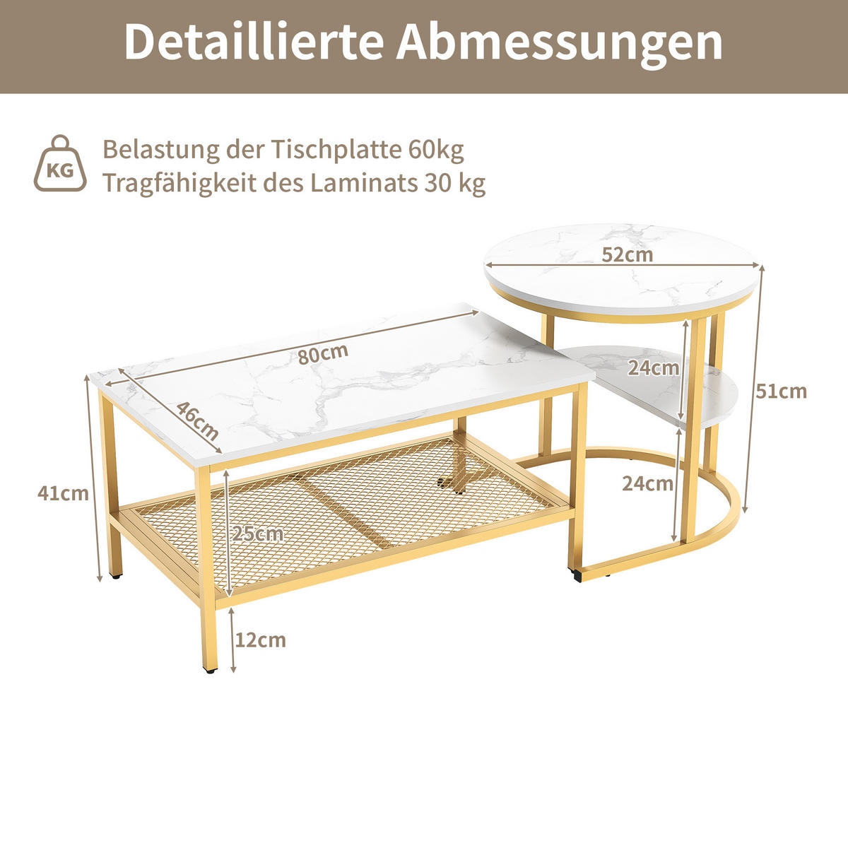COUCHTISCH 2er SET, Weiß + Golden - Goldfarben/Weiß, Metall (80/46/41cm)