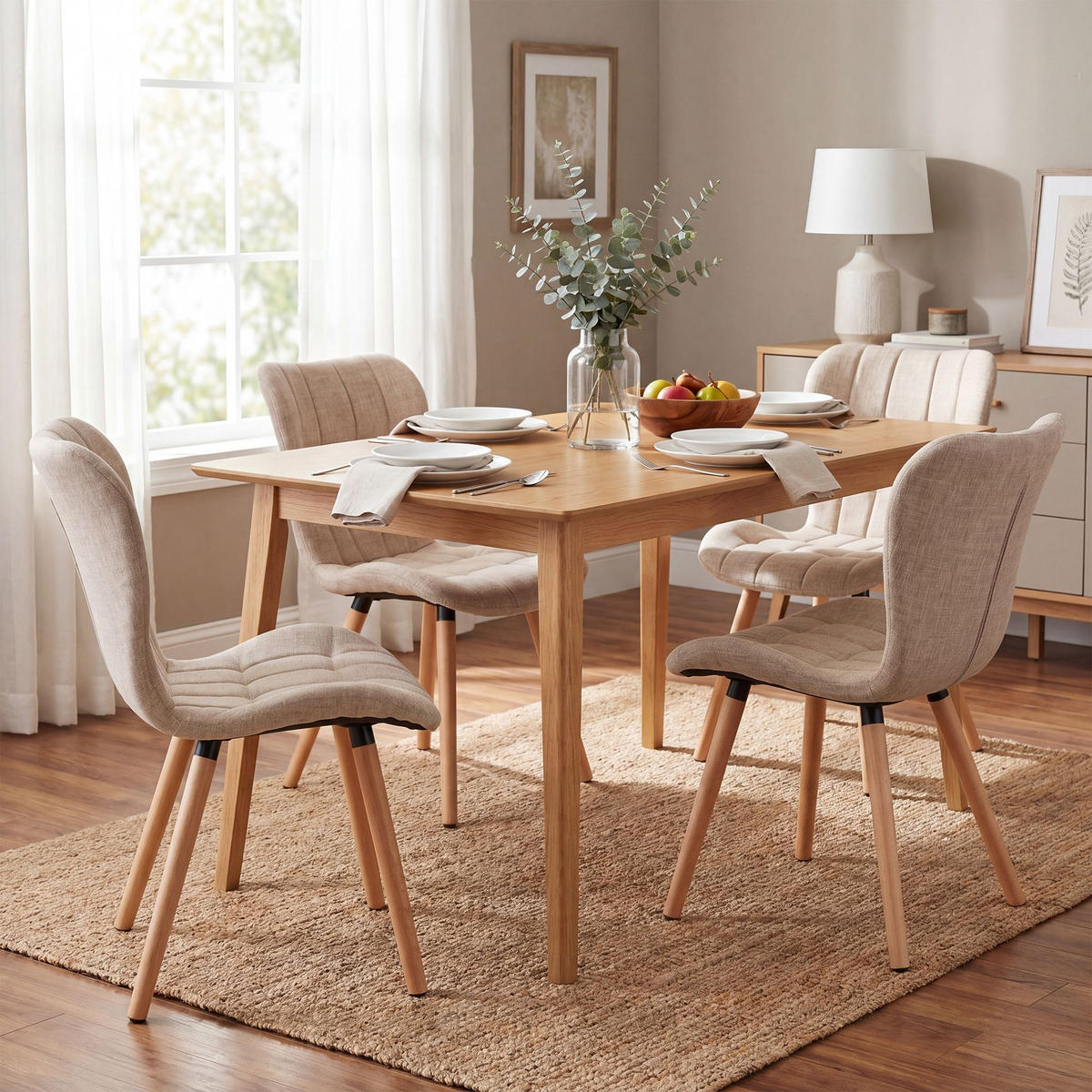 STUHL 4 Stoff Creme - Eukalyptusholzfarben/Creme, Holz/Textil (50/88/63cm) - CLP