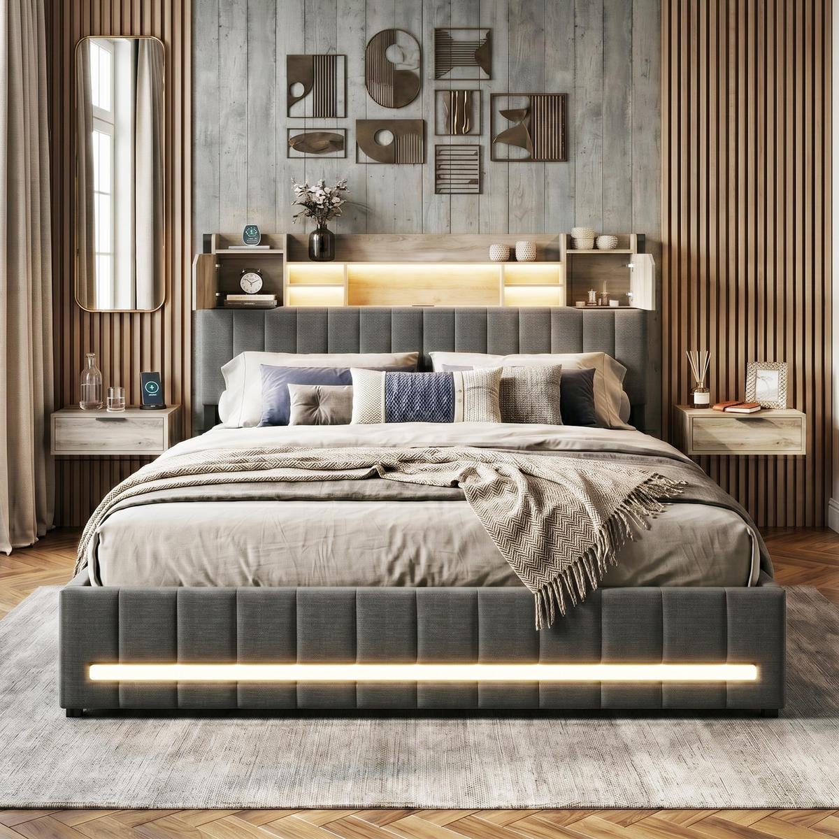 POLSTERBETT Modern 160/200 cm mit Galerie-Ablage & 4 Schubladen Leinenoptik Grau - Grau, Textil (160/200cm) - Creahappy