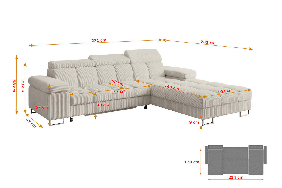 ECKSOFA mit Schlaffunktion Ottomane Rechts COMA L 271x203x79 Creme Cord - Mokka, Holzwerkstoff/Textil (203/271cm) - ALTDECOR