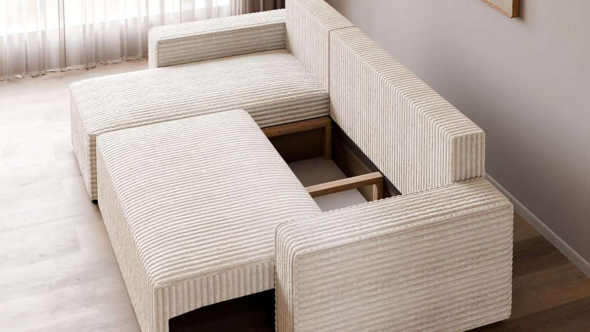 ECKSOFA Tobi mit Bettkasten und Schlaffunktion, L-Form, Cordstoff, Universal - Ecru, Holzwerkstoff (246/145cm) - 4ALL HOME